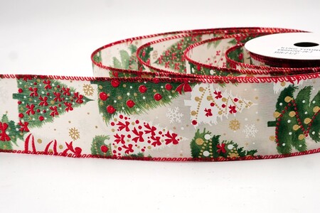 Nastro con filo color crema/rosso glitterato con alberi di Natale_KW0442GC-2R-7